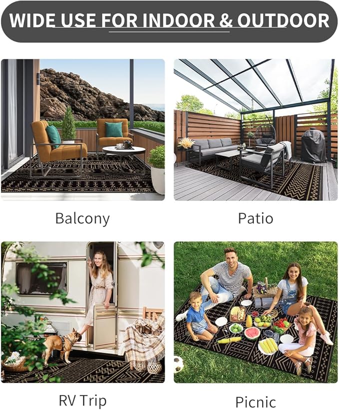 Outdoor Rug Carpet Waterproof 6x9 ft Patio Rug Mat Indoor Outdoor Area Rug for RV Camping Picnic Reversible Lightweight Plastic Straw Outside Rug for Patio Decor Decoration Boho Rug Black Brown
