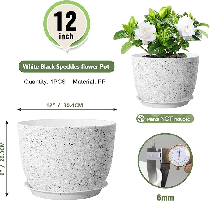Plant Pots 12 inch, Plastic Planters with Drainage Holes and Saucers, Large Flower Pots for Indoor Outdoor Plants, Modern Decorative Pots for Garden House Plants, Speckled White