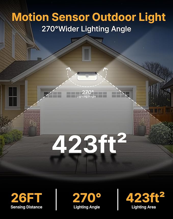 Solar Security Lights, 466 LED 4000 Lm - 270° Motion Sensor, IP68 Waterproof, 3 Lighting Modes, Dusk-to-Dawn Outdoor Flood Light for Fence Garden Backyard Garage - Pack of 4