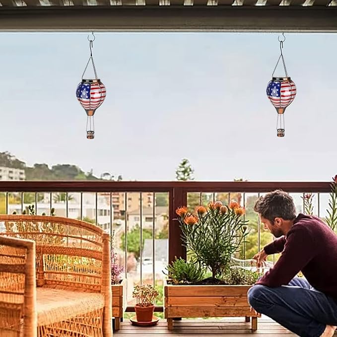 pearlstar Hot Air Balloon Solar Lantern with Flickering Flame Light Outdoor 4th of July Decorations Solar Hanging Lights Waterproof for Garden Yard Patio Outside Independence Day Decoration, Flag