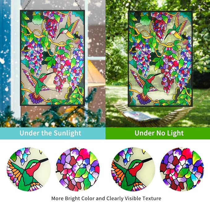 VEWOGARDEN Hummingbird Stained Glass Window Hangings 10" W x 15" H Bird Suncatcher Panel with Chain Windows Hanging Decor Ornament Gift