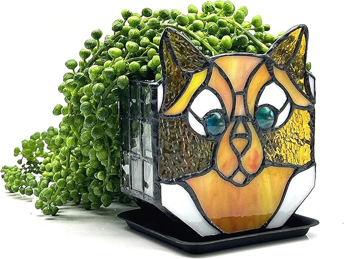 Stained Glass Yellow Cat Planter, Indoor Plant Tabletop Plant Display, Yellow Cat Small Plant Pot, Cat Terrarium Decor, Cat Decor Gift 4.6x3x5.15 in(Excluding Plants)