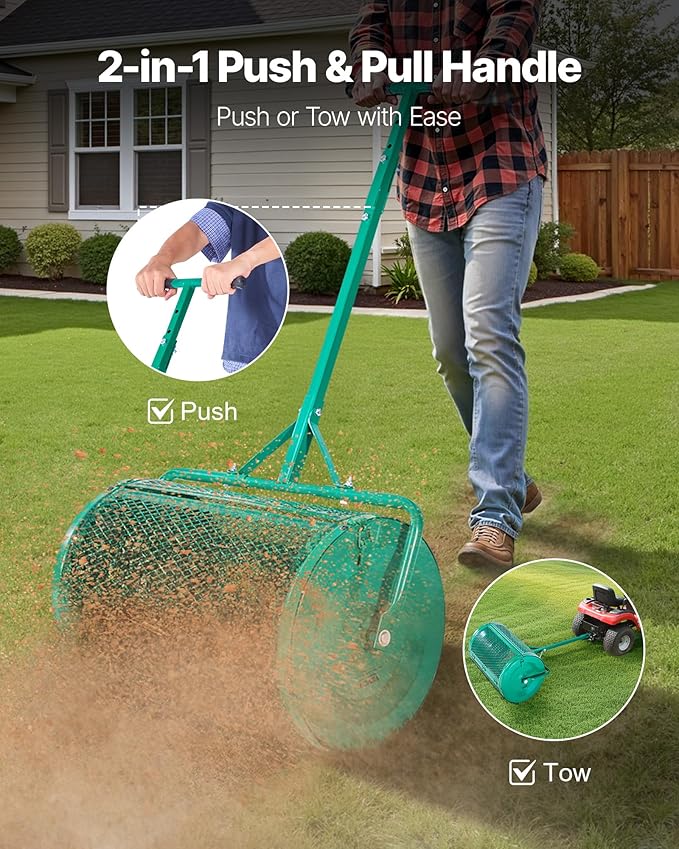 VEVOR Compost Spreader, 24 in Wide Peat Moss Spreader with Push/Tow Handle, 4 Heights Adjustable, Powder-Coated Steel Garden Peat Moss Roller, Heavy Duty Grass Seed Spreaders for Planting Seeding