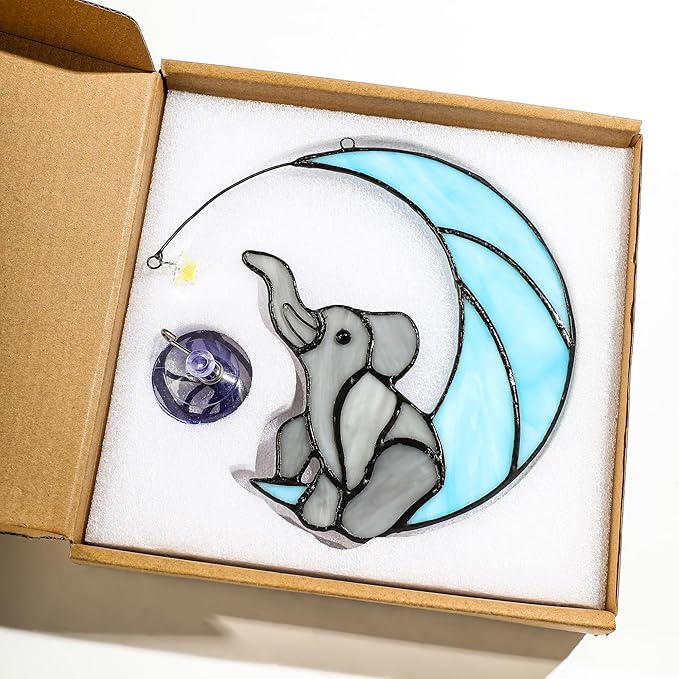 HDCRYSTALGIFTS Glass Elephant Ornament Stained Glass Window Hanging Decor, Modern Design Elephant on Moon with Star Collectibles Handcrafted Sun Catcher Gifts for Birthday Women