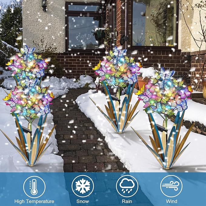 Homight Solar Metal Agave Butterfly Flower Stick Garden Sculpture - Outdoor Gift, Christmas Lights - Swaying Butterfly Garden Lights (2 PCS Blue)
