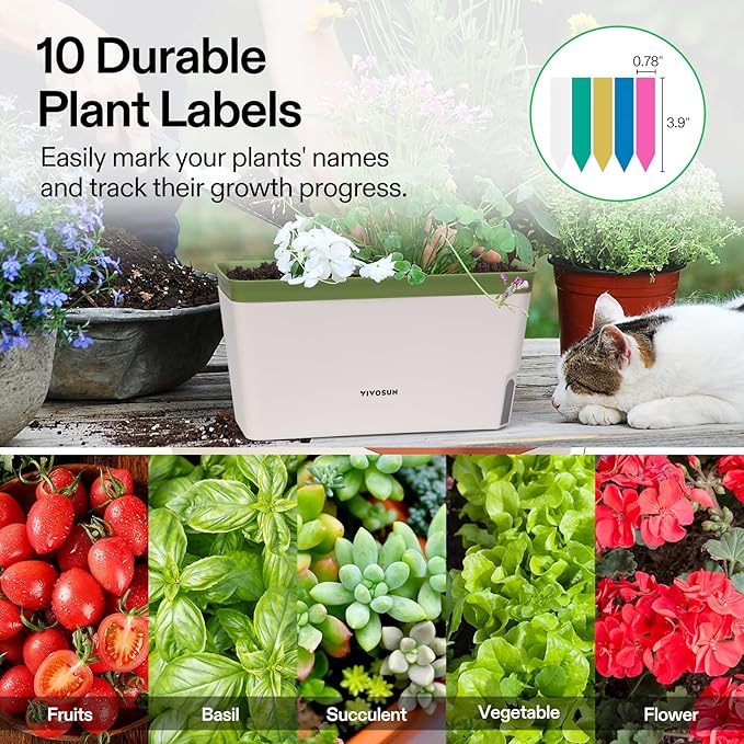 VIVOSUN Self-Watering Planters, 4-Pack 10.5 Inch Compact Rectangular Window Herb Planter Box with 10 PCS Plant Labels, Plant Container for Basil, Flowers, Succulents, Indoor & Outdoor