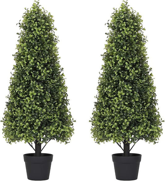 3ft Artificial Boxwood Topiary Trees (Set of 2) - UV Resistant Faux Plants Outdoor, Realistic 36in Fake Cone Bushes and Shrubs for Front Porch, Planter, Patio - Low Maintenance & Evergreen