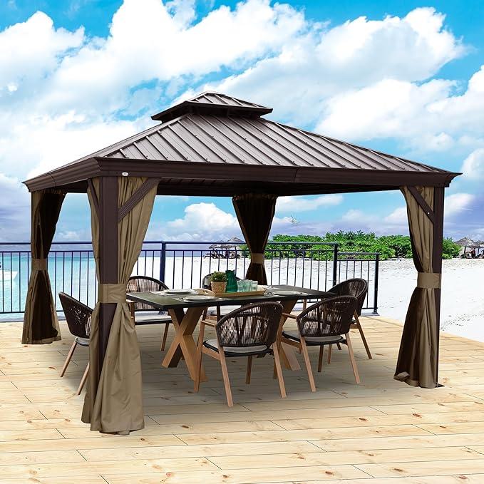 Kozyard Alexander 12' X 12' Hardtop Gazebo, Aluminum Metal Gazebo with Galvanized Steel Double Roof Canopy, Curtain and Netting for Patio Backyard Deck Lawn Brown