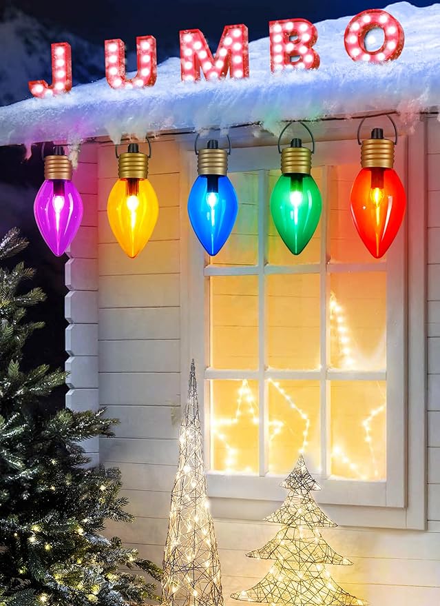 Jumbo C9 Christmas Lights Outdoor Decorations Lawn with Pathway Marker Stakes, 8.5 Feet LED Lights Covered Jumbo Multicolored Light Bulb for Holiday Outside Yard Garden Decor, 5 Lights
