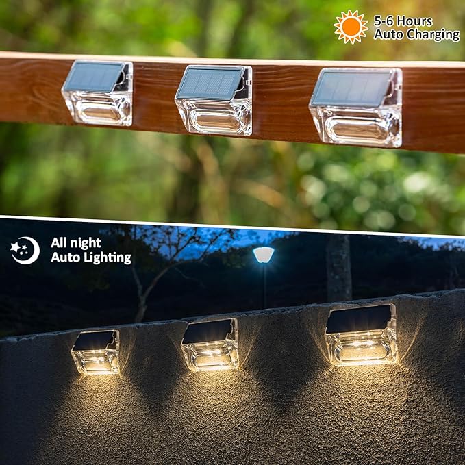 Solar Outdoor Lights, 8 Pack Solar Fence Deck Lights, Waterproof Outside Lighting for Step Railing Wall Pool Stair Yard Garden Patio Pool Decorations (Warm White)