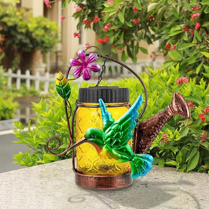 2 Pack Solar Lanterns Outdoor Waterproof Kettle Hanging Solar Lantern, Watering Jar Outdoor Solar Lanterns with Hummingbird Decor for Yard Garden Tree