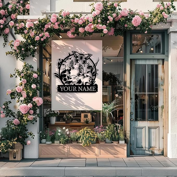 Custom Butterfly Metal Sign,Personalized Butterfly House Number Signs,Personalized Gardener Name Sign,Garden Patio Wall Decor (Style-4)