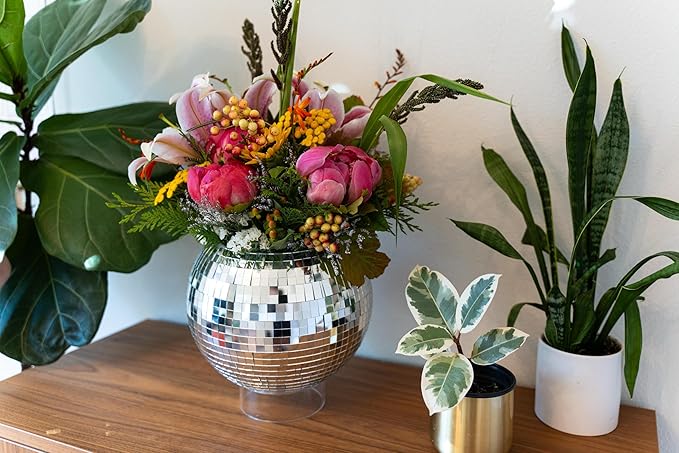 Hanging Disco Ball Planter 8" - with Acrylic Stand and Macrame Plant Hanger - Home Décor, Room Décor, Mirror Disco Planter, Disco Decor (10" with Base)