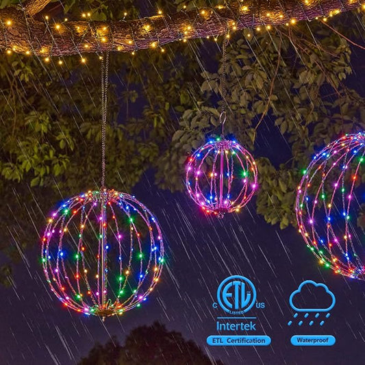 Christmas Ball Sphere, 16IN 128LED Hanging Tree and Pathway Light With Hook and Stake, Foldable Metal Frame Ball for Outdoor Garden, UL Listed, Brown Frame, RGB
