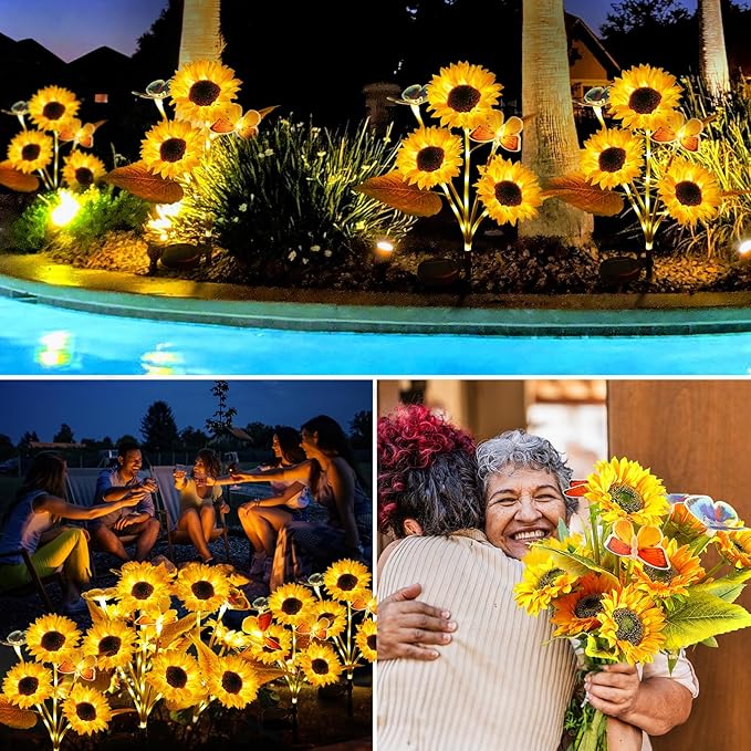 Solar Lights Outdoor Garden Decor, 2025 Upgraded 4 Pack Sunflower Decor with 8 Butterfly, Solar Garden Lights Outdoor Waterproof Decorative for Pathway, Yard, Gifts for Mother's Day Mom Women
