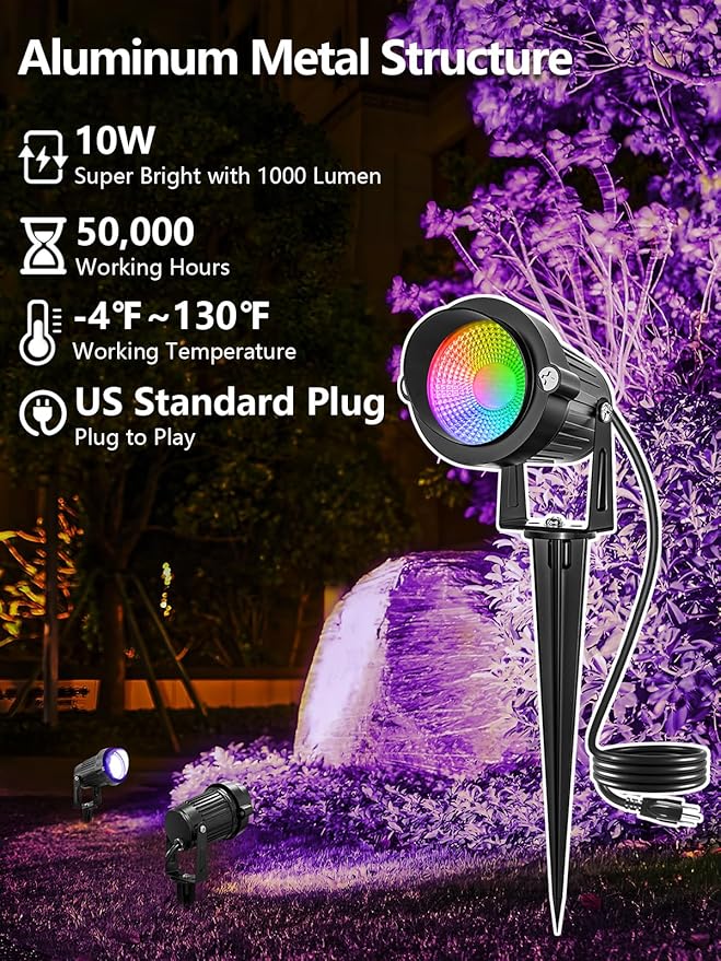 Christmas RGBW Outdoor Spotlights for Yard,10W Color Changing Landscape Lights with Remote Control 120V LED Landscape Lighting Waterproof Spotlight with Plug Tree Garden Path Decoration (4Pack)