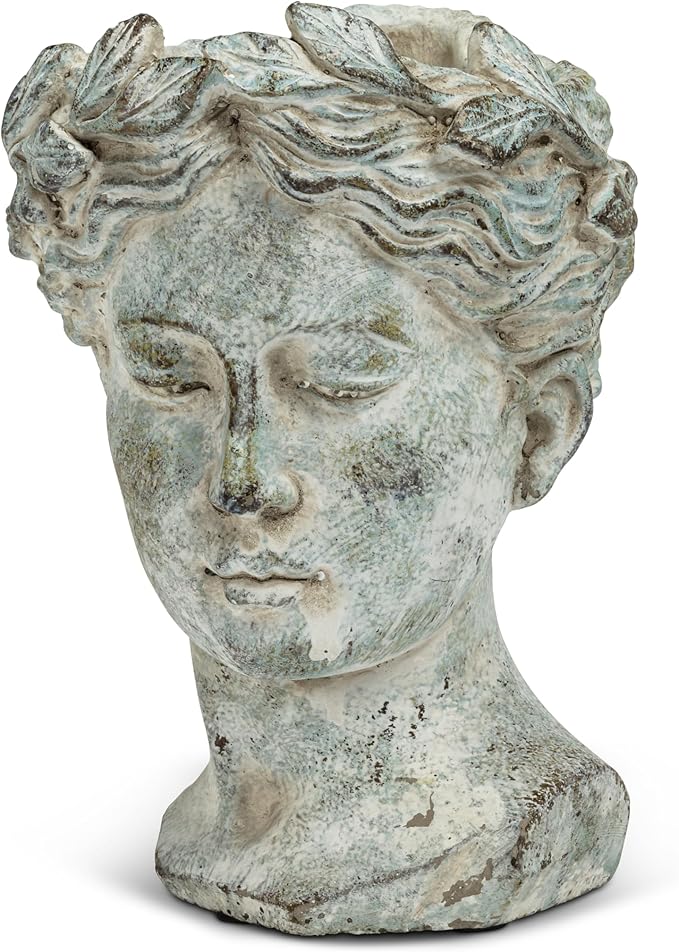 Abbott Collection Goddess Head Planter - Small Cement Indoor and Outdoor Planter Pot - Grecian Woman Statue Head Planter for Flowers and Succulents (Grey, 3.5" Opening)