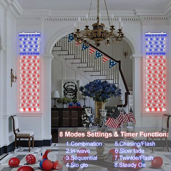 DBFAIRY 2 PCS American Flag Lights, 336 LED 4th of July USA Flag Lights Outdoor with Timer, 8 Modes Red White Blue Banners Lights for Independence Flag Day, Each 6.6Ft (L) x 1.2Ft (W)
