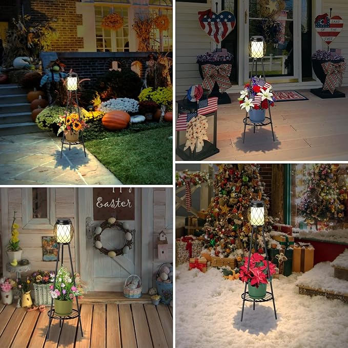 Solar Lights Outdoor with Plant Stands 2 Pack, Solar Floor Lamp Metal Tripod Patio Lights for Garden Yard Pathway Driveway Front/Back Porch Decoration