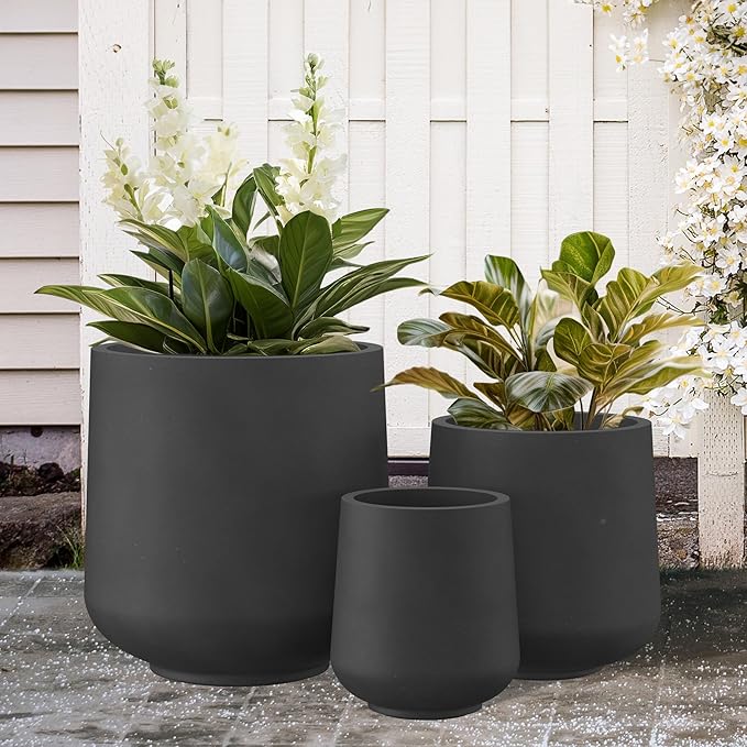 Kante 15.3"+11.6"+8.2" Dia Round Concrete Planter, Large Outdoor Indoor Planter Pots with Drainage Holes and Rubber Plug for Home Garden Patio, Black