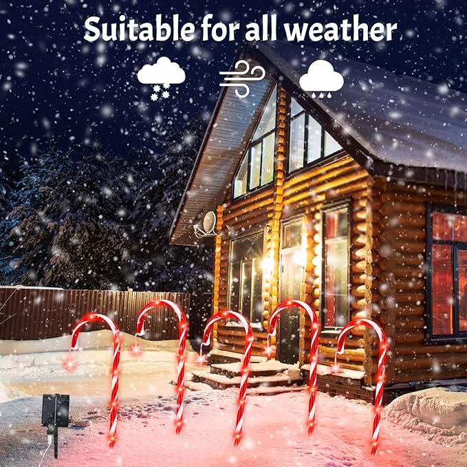 PINPON Christmas Solar Candy Cane Lights 10 Pack, 21" Pathway Markers Walkway Lights with Star, 8 Modes & 3 Timings Xmas Decorations for Outdoor Pathway Garden Yard Patio