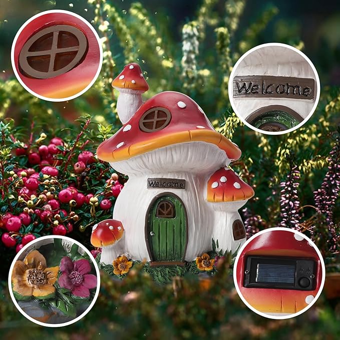 Mushroom House Garden Statue Outdoor, Solar Light Mushroom House Garden Figurines for Lawn, Balcony, Yard Decoration, Outdoor Garden Decoration