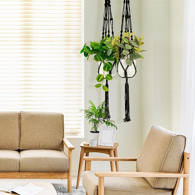 Sorbus Macrame Plant Hanger (8 Pack) Indoor Outdoor Hanging Plant Pots Cotton Rope, Elegant for Home, Patio, Garden (Black)