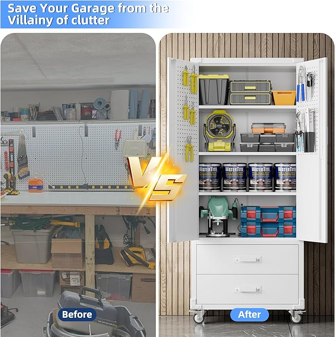 Upgraded Metal Garage Storage Cabinet with Wheels and 2 Drawers, Rolling Tool Cabinet with 3 Shelves and Pegboard Behind The Door for Home Office Garage,Assembly Required,White
