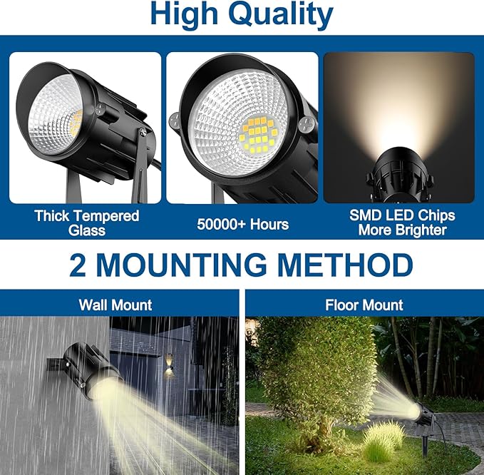 Outdoor Landscape Lighting LED Spotlights: Spot lights Outdoor for Yard Tree Pathway Lawn Flags House, 120 Voltage Waterproof Garden Landscape Lights with Plug in Cord 2700K Warm White, 3 Pack