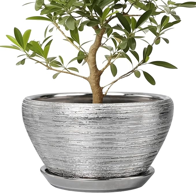 Flower Pot for Indoor Plants - Ceramic Planter 13 Inch Plant Pot with Drainage Hole and Saucer Large Decorative Planter Outdoor Mid-Century Planter for House Decor Silver