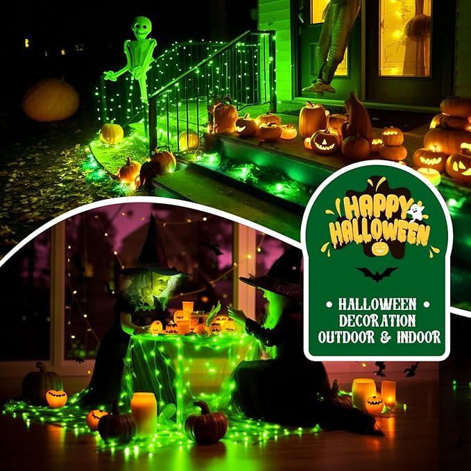 JMEXSUSS 2 Pack Green Solar Halloween Lights Each 66ft 200 LED Green Solar Lights Outdoor, 8 Modes Copper Wire Solar Fairy Lights for Garden Yard Patio Christmas Halloween Decorations