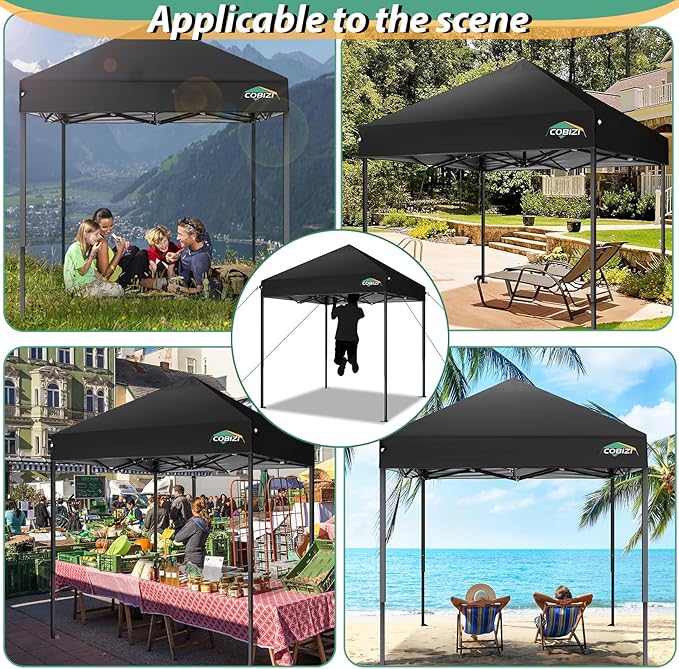 COBIZI 6.6x6.6ft Pop Up Canopy Tent, Heavy Duty Canopy Easy Set up All Weather Waterproof Outdoor Canopy Tent for Parties, Beach, Garden, Camping with 1 Handbag, 3 Adjustable Heights, UPF50+, Black