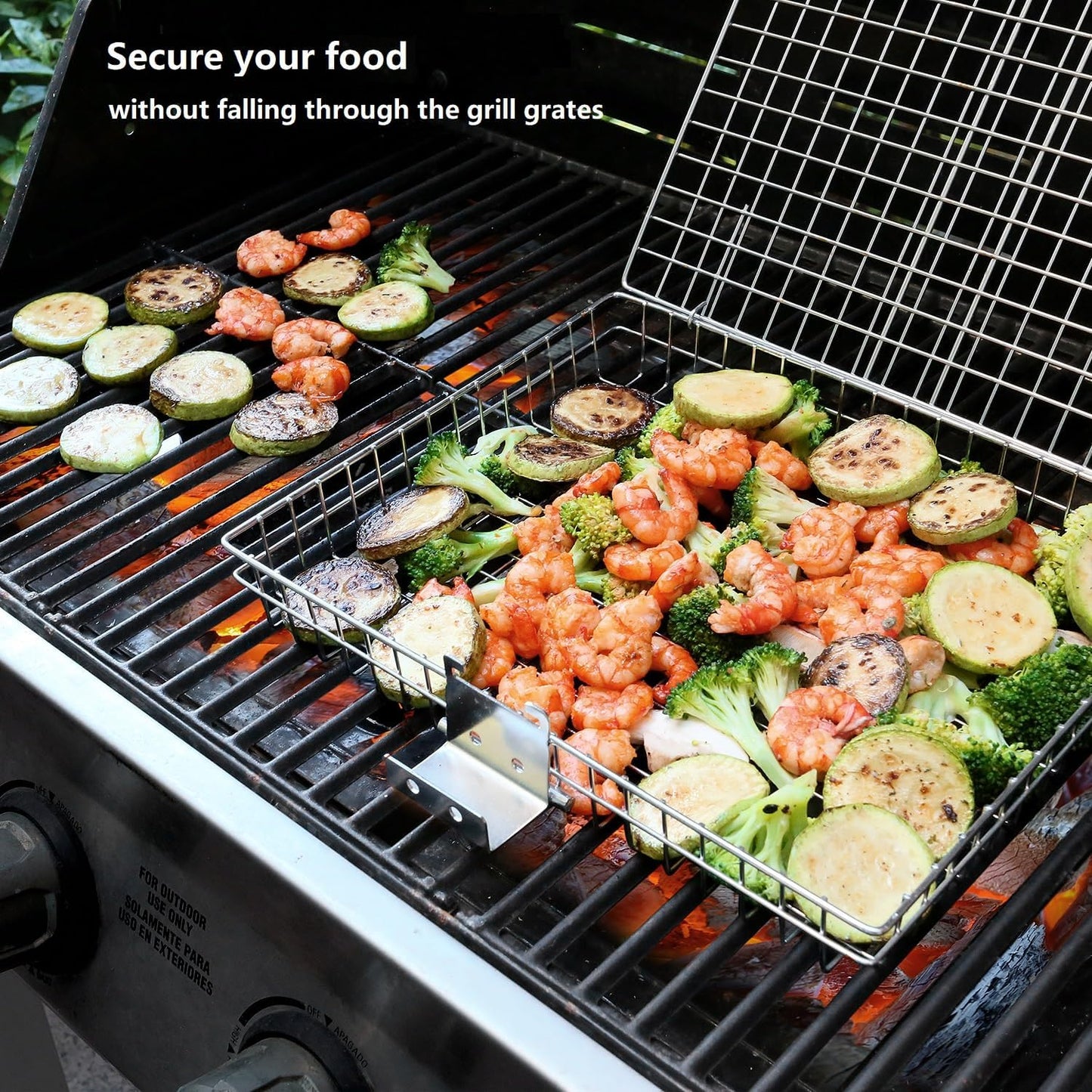 Grill Basket - Grill Baskets for Outdoor Grill, Stainless Steel Large Grilling Basket w Removable Handle, Portable Fish Grilling Rack for Grill Ideal Meat Fish Vegetables Grilling Accessories