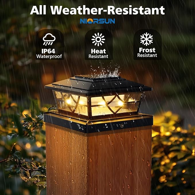 NIORSUN Solar Post Lights Outdoor 12 Pack, 2 Modes LED, Deck Fence Post Solar Lights for 3.5x3.5 4x4 5x5 5.5x5.5 Caps Patio Garden Decoration, Black
