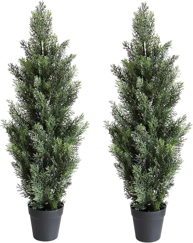 momoplant Artificial Cedar Topiary Trees 3 Ft Fake Cedar Shrubs Set of 2 Faux Cypress Potted Plants for Outdoor Indoor Decor