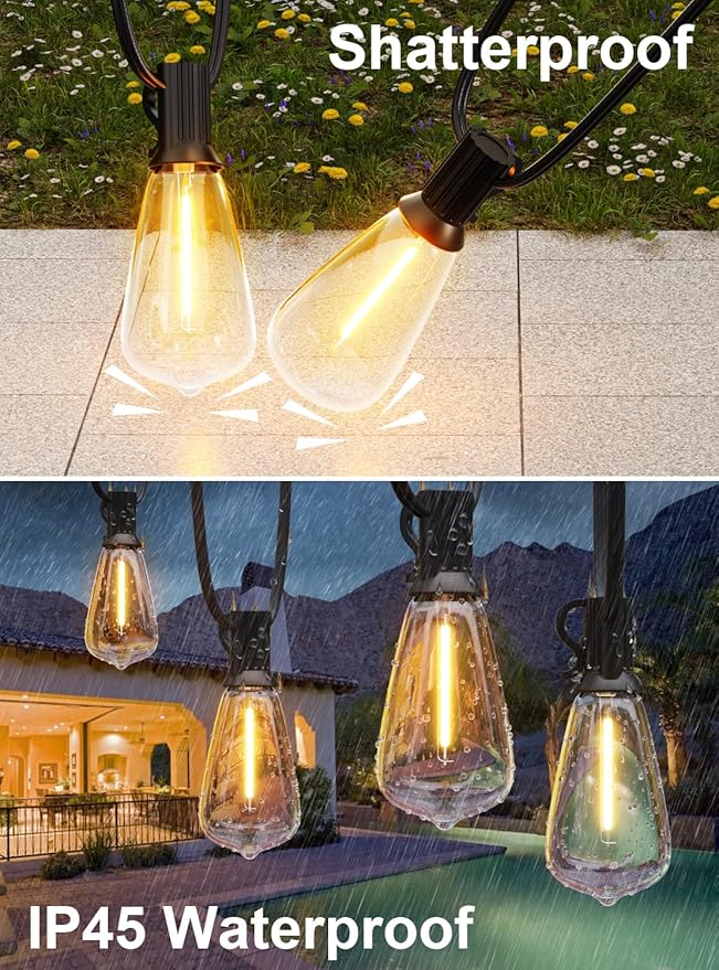 GPATIO 200FT(100FT*2Pack) Outdoor String Lights, Waterproof Patio Lights with 64 Dimmable Hanging Lights Globe ST38 Bulbs, 2700k Shatterproof for Backyard Gazebo Porch Garden Outside Decor