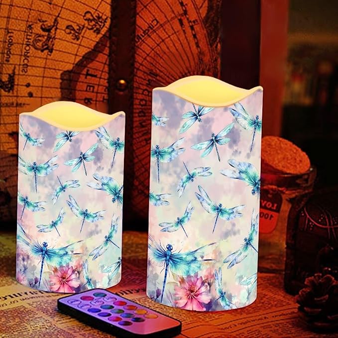 Ystardream Beautiful Dragonfly Flameless Candles Battery Operated with Timer, Remote Control, LED Flashing Candle Sets, Warm Color Flickering Candles Light for Party Room Table Decor Set of 2