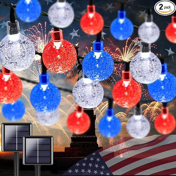 LORRYTE 2-Pack Red White and Blue Crystal Globe Solar String Lights Outdoor, 64FT 100 LED Waterproof Patriotic Lights 8 Lighting Modes for Memory Day Independence Day 4th of July Christmas