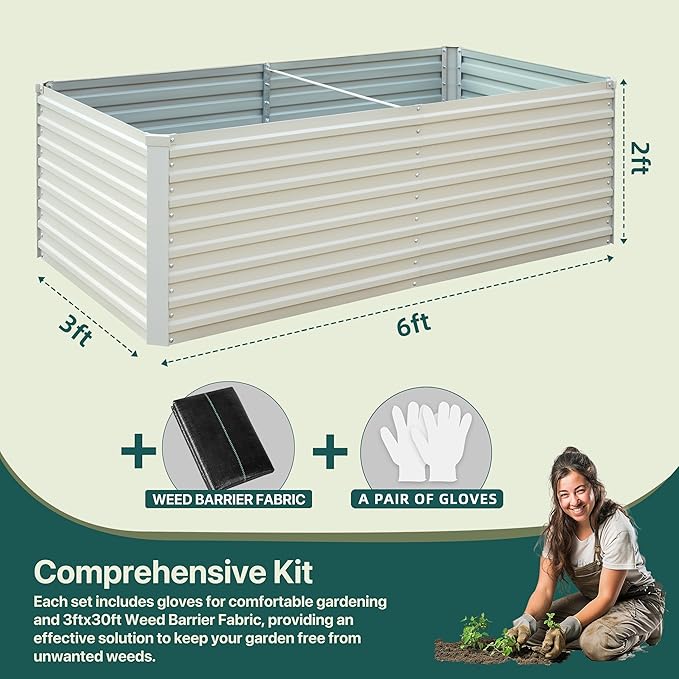 Raised Garden Bed 6x3x2ft, Galvanized Raised Garden Beds Outdoor for Vegetables Flowers Herbs, Steel Large Deep Planter Box, Tall Raised Garden Bed with 3ftx30ft Weed Barrier Fabric and Glove, Beige