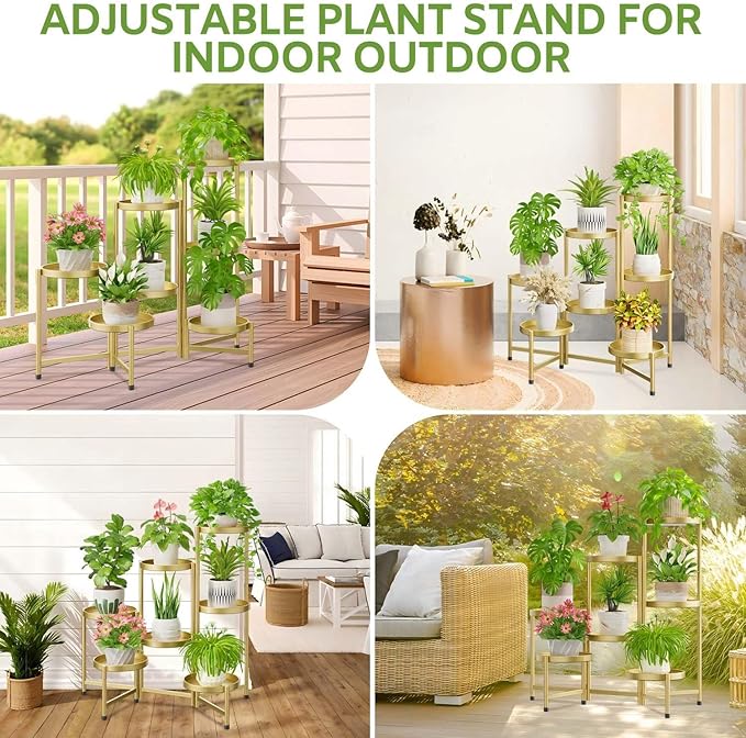 iDavosic.ly 7 Tier Large Plant Stand Indoor, 10 Inch Wide Tall Corner Metal Plant Stands Outdoor for Multiple Plants, Folding Tiered Flower Display Holder Rack Shelf, Gold