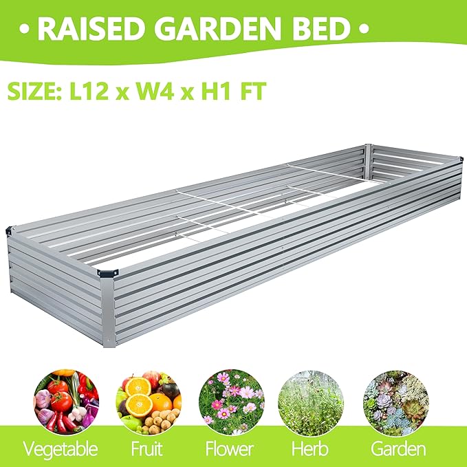 MGNO 2pcs 12x4x1FT Galvanized Raised Garden Bed-Outdoor Planter Box for Vegetables-Metal Garden Bed,RRectangle Planting Box for Herb,Flower