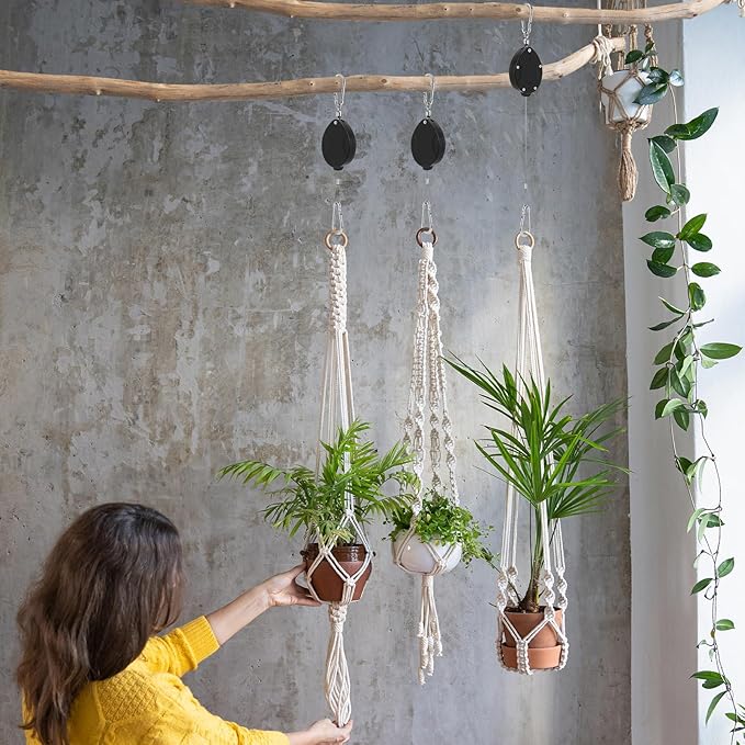 Plant Pulleys for Hanging Plants, Heavy Duty Retractable Hangers, 304 Stainless Steel Rope, Auto Plant Holder, Adjustable Climbing Hook for Garden Baskets Watering, or Bird Feeders (Black-4)
