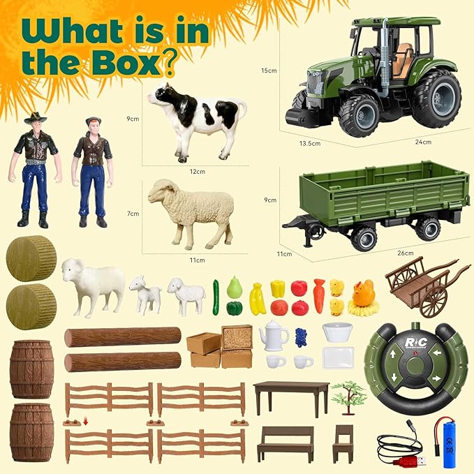 Remote Control Tractor with Trailer - Farm Toys Set Including Animals, Fruits, Vegetables, and Farmer Figures, Toddlers Farm Vehicle Toys for 3 4 5 6 7 8 9 Year Old Boys Girls Birthday Gifts