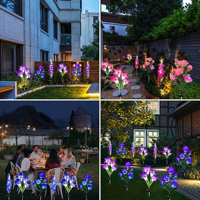 Solar Garden Lights - 6 Pack Solar Flowers with Lily Rose Delphinium, Waterproof Gardening Gifts for Mom, Grandma, Women - Multi-Color Changing Outdoor Lights for Garden, Yard, Patio, Lawn