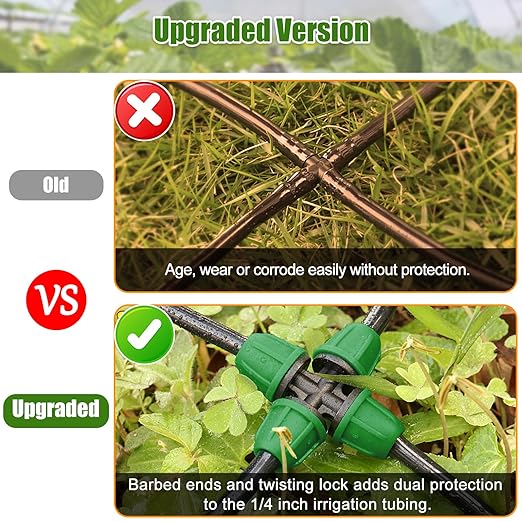 JAYEE 50 Pcs Drip Irrigation Fittings Kit for 1/4 Inch Tubing, Drip Line Parts for Drip Systems - 20 Tee, 12 Coupling, 8 Elbow, 5 Barbed 4-Way Cross, 5 End Closure - Barbed Locked Nuts Connectors