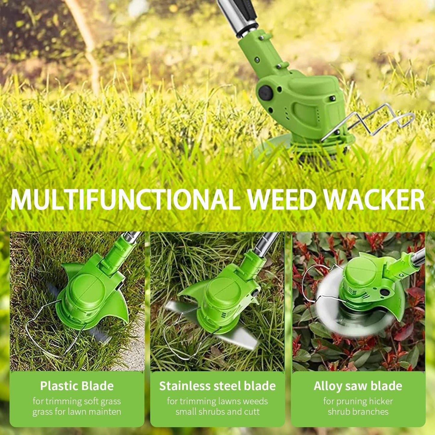 21V Electric Weed Wacker Eater Battery Powered, Cordless Weed Trimmer with 2 Battery Operated & Wheels, 3 in 1 Lightweight Grass Trimmer/Edger/Brush Cutter for Garden Yard Lawn