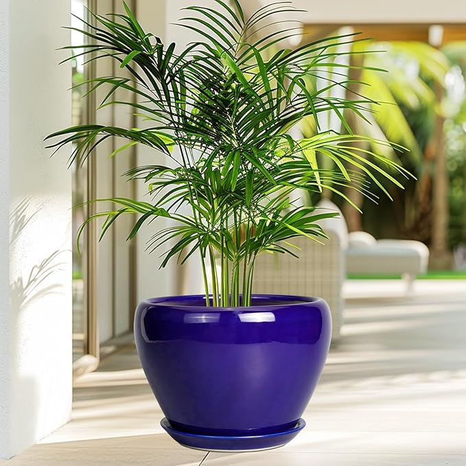 Ceramic Planter 10 Inch - Indoor Plant Pot for Plants with Drainage Hole and Saucer Large Planter Round Outdoor Flower Pot Mid-Century for House Patio Decor Blue