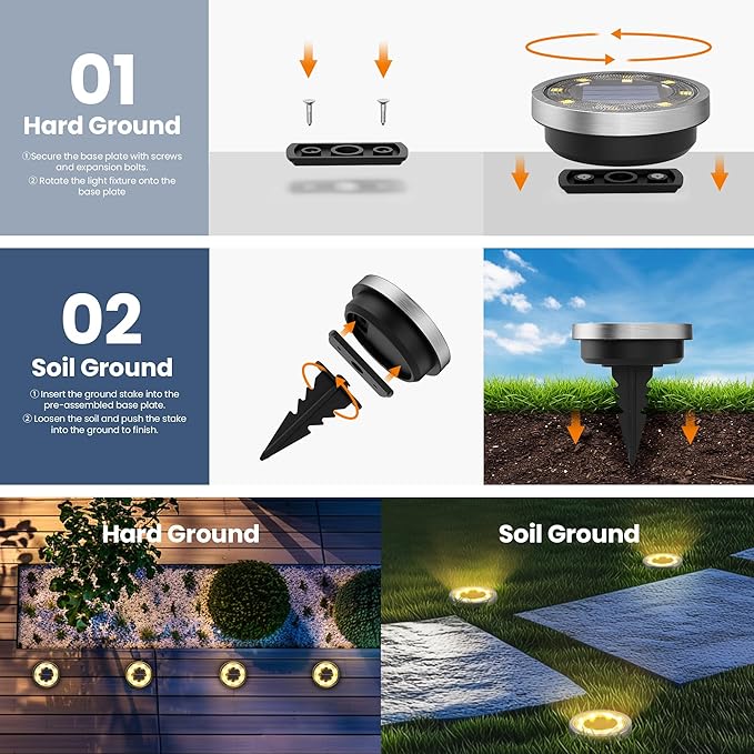 SOLPEX 2 Pack Solar Ground Lights Outdoor Waterproof, Solar Powered Pathway Lights, Landscape Lighting for Garden Walkway Driveway Backyard Decor (Warm White)
