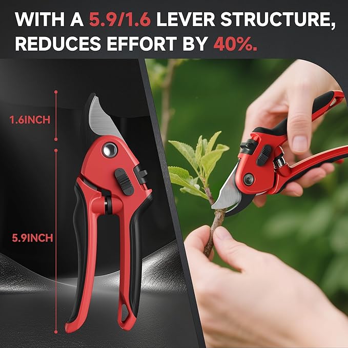 8-Inch Professional Pruning Shears - SK5 Steel Blades, Non-Stick Coating, Ergonomic Design, Suitable for Thick Branches, Safety Lock