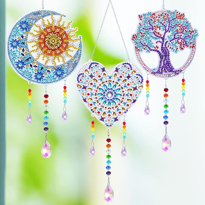 3 Pack Diamond and Painting Suncatcher Window Hanging Ornament Crystal Window Garden Decor DIY Kits for Beginners Adult Kids -Tree, Moon, Heart